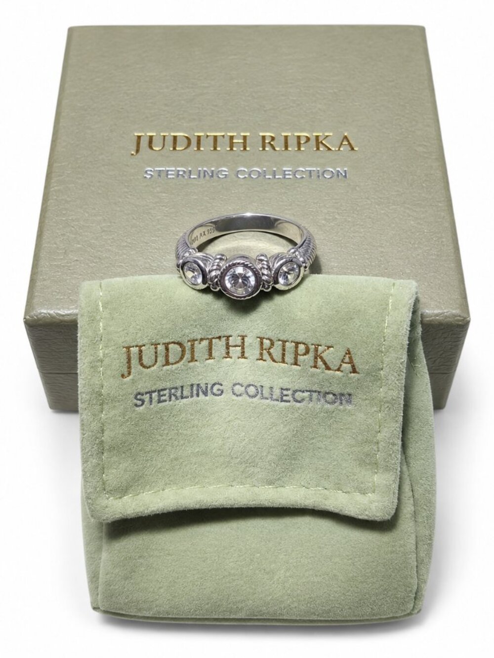 Judith Ripka QVC Diamonique Sterling Silver 3-Stone Ring Size 8